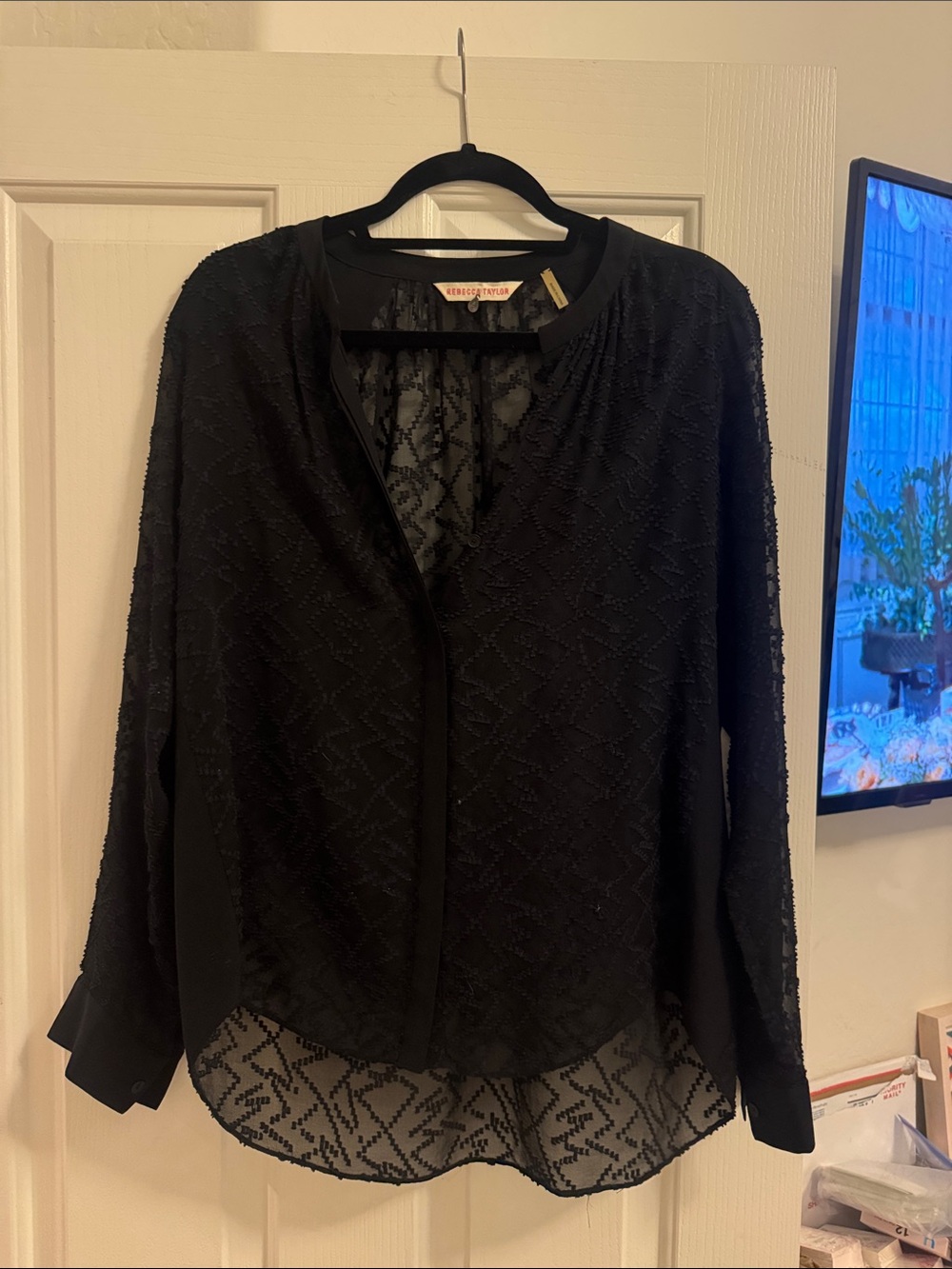 Rebecca Taylor Black Beaded Semi-Sheer Long-Sleeve Blouse